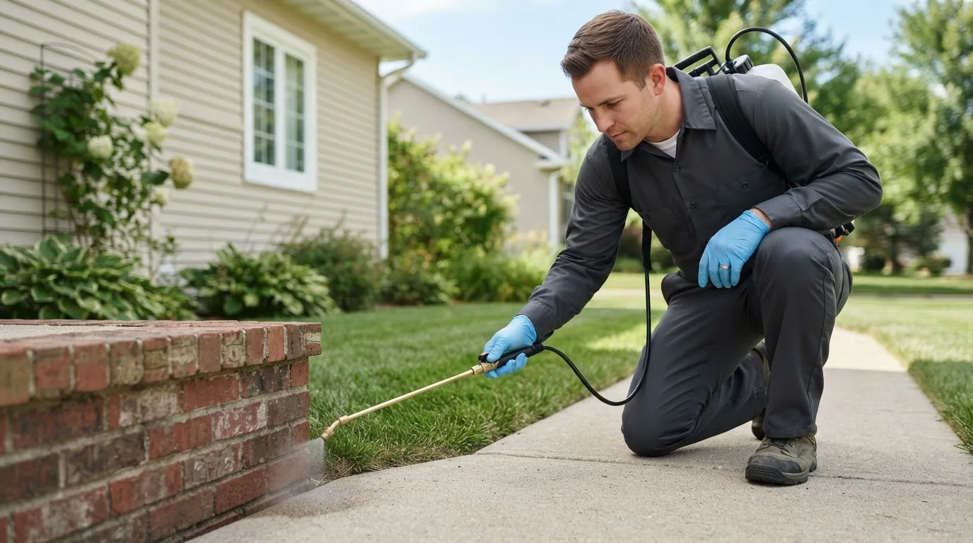 Pest control technician treating a home near Colton, OH